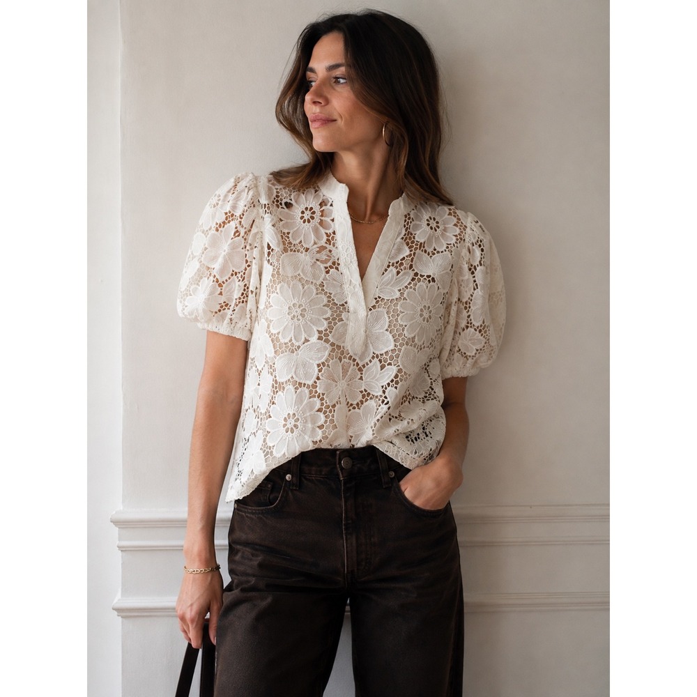 James White Floral Guipure Lace Puff Sleeve Blouse Notched V-Neck Top Small
